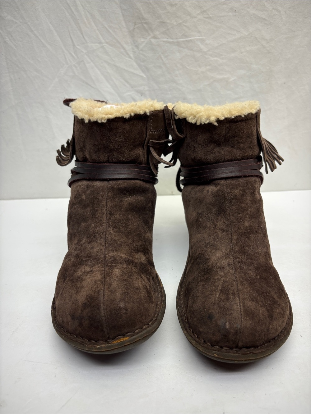 UGG Suede Shearling-Trim Ankle Booties with Tassel Strap, SZ 7, box 88